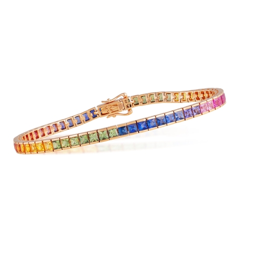 194 - A MULTI-COLOURED SAPPHIRE BRACELET  Composed of a continuous row of square-cut blue, pink, orange, y... 