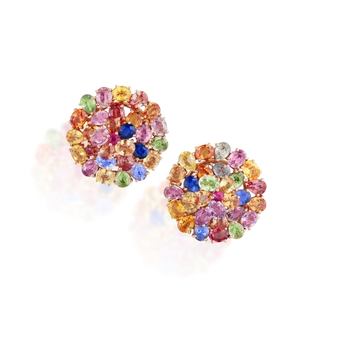 196 - A PAIR OF MULTI-COLOURED SAPPHIRE EARRINGS  Each composed of vari-cut sapphires of various tints, in... 