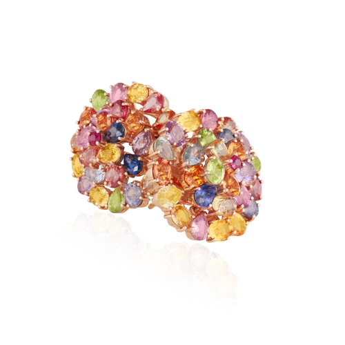 196 - A PAIR OF MULTI-COLOURED SAPPHIRE EARRINGS  Each composed of vari-cut sapphires of various tints, in... 