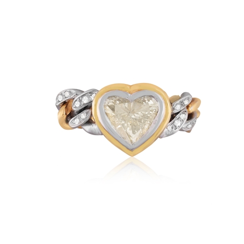 198 - A DIAMOND DRESS RING  Centring a collet-set heart-shaped diamond weighing approximately 3.00cts, bet... 