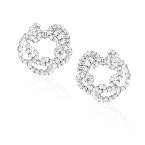 200 - A PAIR OF DIAMOND EARRINGS  Of openwork scrolling design, set with brilliant-cut diamonds throughout... 