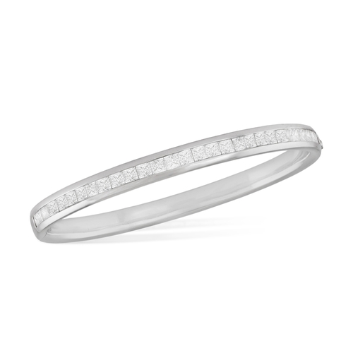 205 - A DIAMOND BANGLE BRACELET  Of hinged design, the polished band set to the front with princess-cut di... 