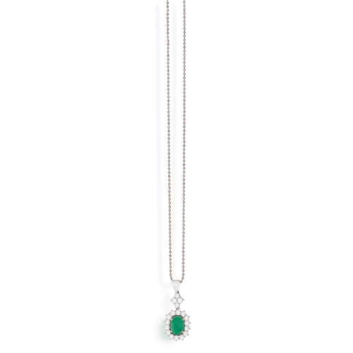 208 - AN EMERALD AND DIAMOND CLUSTER PENDANT ON CHAIN  The cushion-shaped emerald weighing approximately 3... 