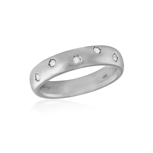 209 - ASPREY: A DIAMOND RING  Of polished band design, set with five brilliant-cut diamonds, mounted in 18... 