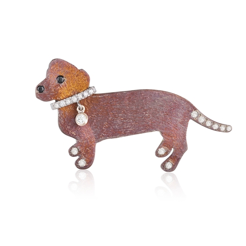 237 - MARGHERITA BURGENER: A DIAMOND NOVELTY BROOCH  Designed as a dachshund, the collar highlighted with ... 