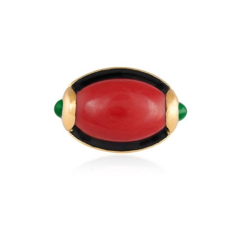 243 - A CORAL, EMERALD AND ENAMEL COCKTAIL RING   The horizontal oval-shaped mount set with an oval-shaped... 