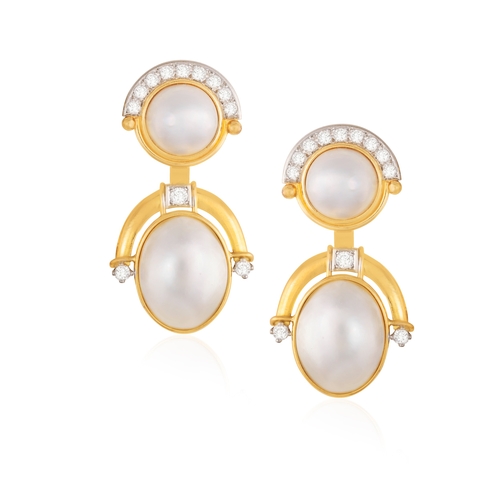 244 - OTTO POULSEN: A PAIR OF MABÉ PEARL AND DIAMOND PENDENT EARRINGS 

Of interchangeable design, each de... 