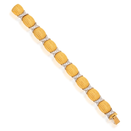 263 - AN 18K GOLD AND DIAMOND BRACELET    Of alternating bi-coloured design, set with convex oval-shaped m... 