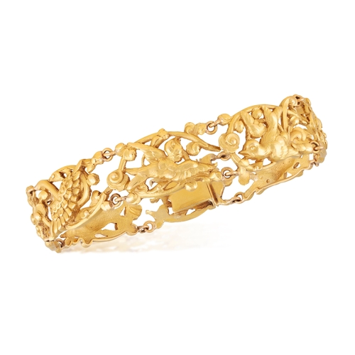 36 - AN ART NOUVEAU GOLD BRACELET, CIRCA 1910  Of openwork design, with series of floral and bird motifs ... 