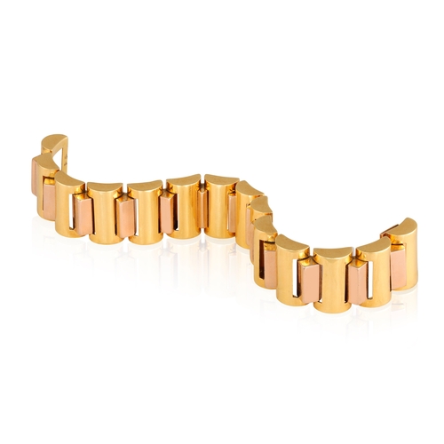 55 - A GOLD RETRO BRACELET, FRENCH, CIRCA 1940  Of tank bi-coloured design, composed of convex polished l... 