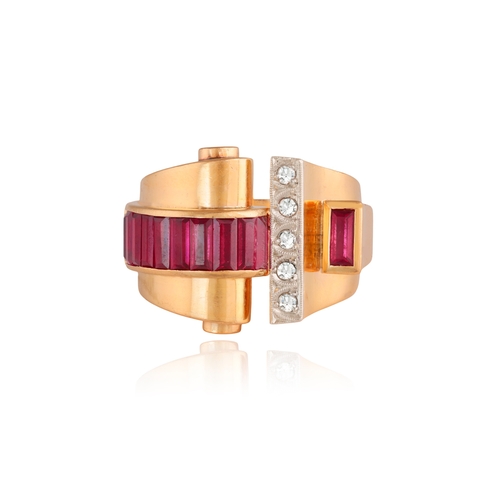 60 - A RETRO RUBY AND DIAMOND RING, CIRCA 1945  The sculpted mount set with calibré-cut synthetic rubies ... 