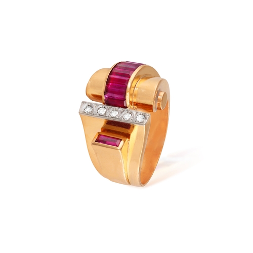 60 - A RETRO RUBY AND DIAMOND RING, CIRCA 1945  The sculpted mount set with calibré-cut synthetic rubies ... 