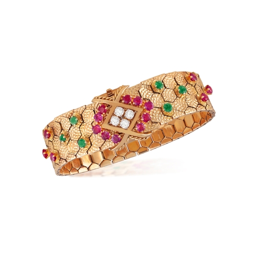 61 - MAUBOUSSIN: A RETRO GEM-SET AND DIAMOND JARRETIÈRE BRACELET, CIRCA 1950  Of articulated textured des... 