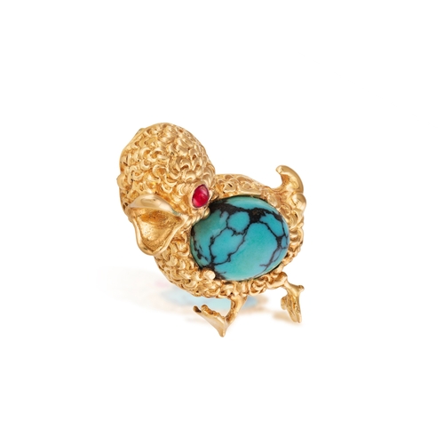 67 - A GEM-SET NOVELTY BROOCH, FRENCH, CIRCA 1960  The whimsical duckling, of textured gold design, the b... 