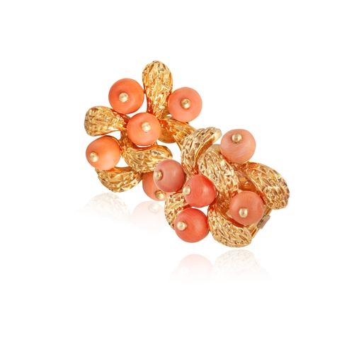 80 - VAN CLEEF & ARPELS: A PAIR OF CORAL EARCLIPS, CIRCA 1965-1970  Each textured gold cluster embellishe... 