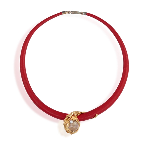 89 - GILBERT ALBERT: A GOLD AND DIAMOND ‘LES BILLES-BIJOUX’ PENDANT WITH GEMSTONE BEADS AND LEATHER NECKL... 