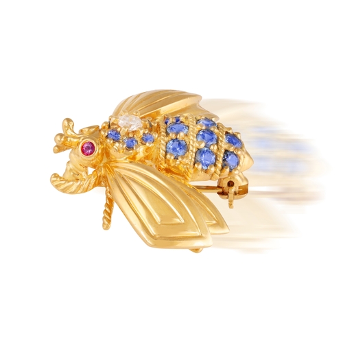 98 - TIFFANY & CO.: A GEM-SET AND DIAMOND NOVELTY BROOCH  Designed as a stylised bee, its body set with c... 