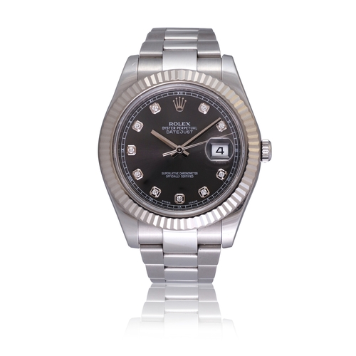 117 - ROLEX   REF. 116334, OYSTER PERPETUAL DATEJUST 41, SLATE DIAMOND SET DIAL, WHITE GOLD FLUTED BEZEL  ... 