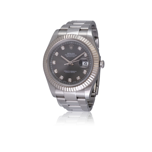 117 - ROLEX   REF. 116334, OYSTER PERPETUAL DATEJUST 41, SLATE DIAMOND SET DIAL, WHITE GOLD FLUTED BEZEL  ... 