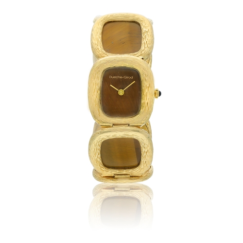 14 - BUECHE-GIROD   An 18k yellow gold Square Cushioned linked bark-finish quartz wristwatch with tiger’s... 