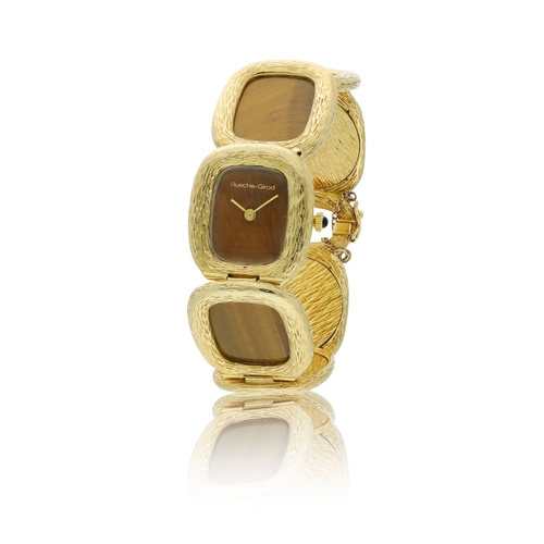 14 - BUECHE-GIROD   An 18k yellow gold Square Cushioned linked bark-finish quartz wristwatch with tiger’s... 