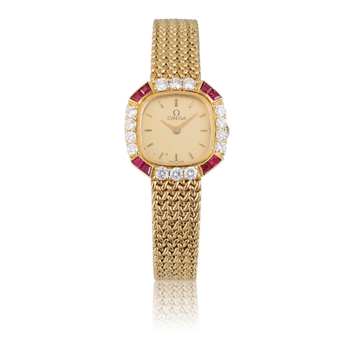 20 - OMEGA  An 18K yellow gold, diamond and ruby-set lady’s quartz wristwatch.  Year : C.1990 Dial : Gold... 