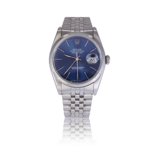 4 - ROLEX  REF. 16200, OYSTER PERPETUAL DATEJUST, BLUE DIAL  A stainless steel, self winding centre-seco... 