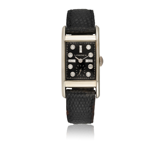 53 - LONGINES   A 14k white gold Tank-Style Rectangular « sertie » manual wind wristwatch  Year : C. 1940... 