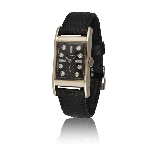 53 - LONGINES   A 14k white gold Tank-Style Rectangular « sertie » manual wind wristwatch  Year : C. 1940... 