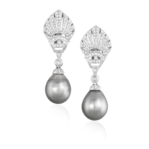 204 - A PAIR OF CULTURED PEARL AND DIAMOND PENDENT EARRINGS    Each set with a drop-shaped cultured pearl ... 