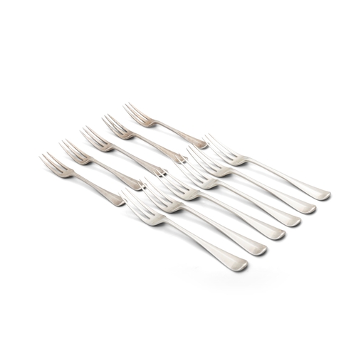 106 - A SET OF SIX STERLING SILVER DINNER FORKS,  together with five matching sterling silver entrée forks... 