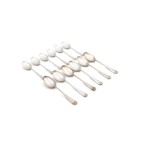 107 - A SET OF SIX STERLING SILVER TABLE SPOONS WITH RAT-TAIL BOWLS,  together with six matching dessert s... 