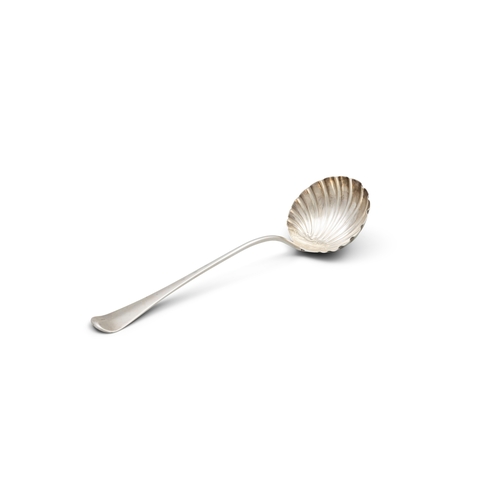 112 - A GEORGE III SILVER SOUP LADLE  London c. 1760, makers mark rubbed, with plain taper handle, crested... 