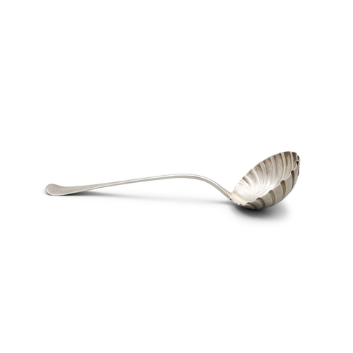 112 - A GEORGE III SILVER SOUP LADLE  London c. 1760, makers mark rubbed, with plain taper handle, crested... 