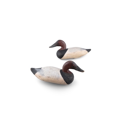 117 - A PAIR OF DECOY DUCKS,   in white black and burgundy tones. 40cm long