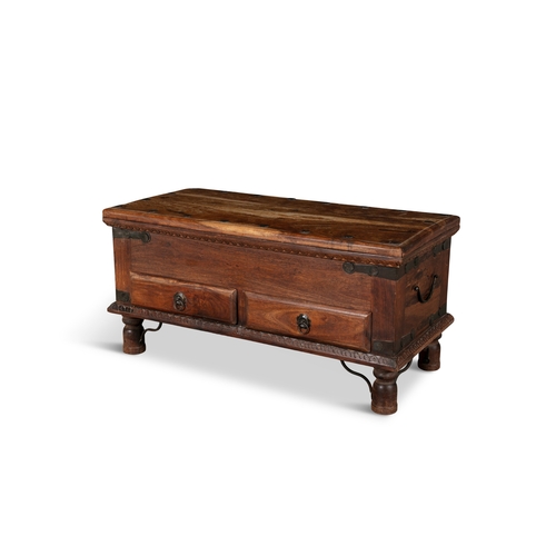 119 - A COMPACT HARDWOOD BLANKET CHEST,  of rectangular shape, applied with studding, wrought iron side ha... 