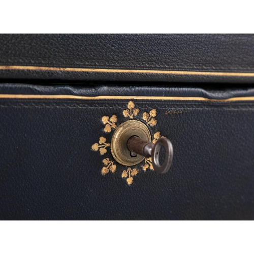 123 - TWO EDWARDIAN NAVY BLUE AND GILT DECORATED LEATHER COVERED BOXES BY A. ARMSTRONG OF DUBLIN,   both w... 