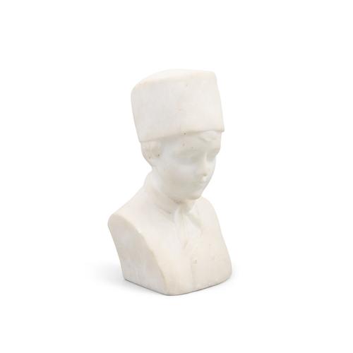 124 - A MARBLE BUST OF A RUSSIAN BOY,   with neckerchief and flat hat, 19.cm high