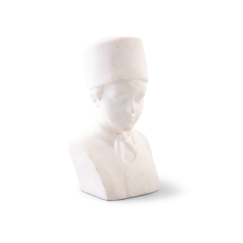 124 - A MARBLE BUST OF A RUSSIAN BOY,   with neckerchief and flat hat, 19.cm high