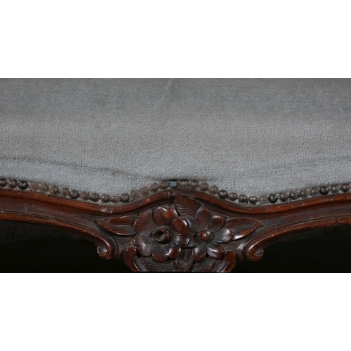 126 - A VICTORIAN CLOSENAIL BUTTON BACK SETTEE,  upholstered in light blue velvet fabric, the frame carved... 