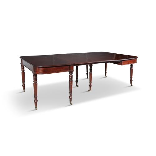 138 - A GEORGE IV MAHOGANY EXTENDING DINING TABLE   the solid rectangular top with rounded corners and ree... 