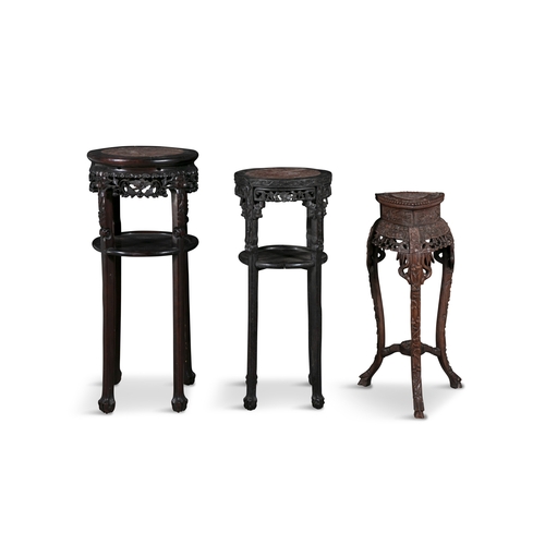 148 - TWO CHERRYWOOD AND MARBLE TOPPED JARDINERE STANDS 19TH CENTURY   each with circular rouge panels sup... 