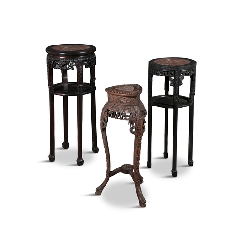 148 - TWO CHERRYWOOD AND MARBLE TOPPED JARDINERE STANDS 19TH CENTURY   each with circular rouge panels sup... 