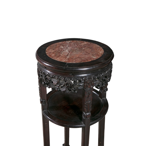 148 - TWO CHERRYWOOD AND MARBLE TOPPED JARDINERE STANDS 19TH CENTURY   each with circular rouge panels sup... 