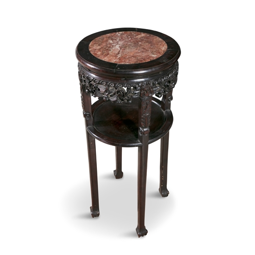 148 - TWO CHERRYWOOD AND MARBLE TOPPED JARDINERE STANDS 19TH CENTURY   each with circular rouge panels sup... 