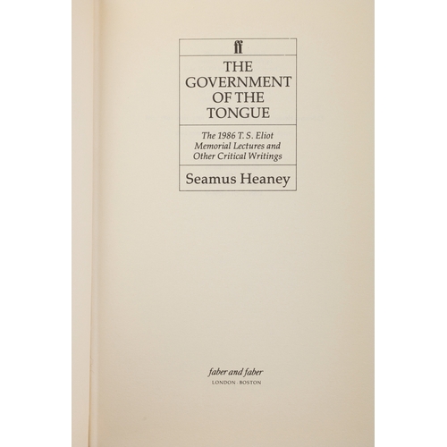 18 - HEANEY, SEAMUS  Government of the Tongue, London, Faber & Faber, 1988. Red cloth boards with d.j. Pp... 