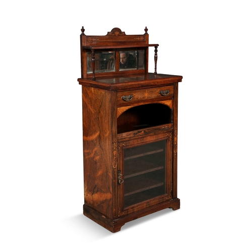 184 - AN INLAID ROSEWOOD UPRIGHT CABINET C.1900  with mirror back and single shelved superstructure, above... 