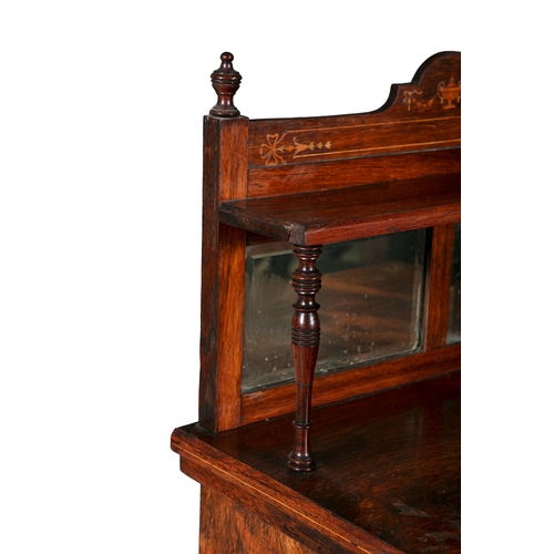 184 - AN INLAID ROSEWOOD UPRIGHT CABINET C.1900  with mirror back and single shelved superstructure, above... 