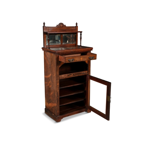 184 - AN INLAID ROSEWOOD UPRIGHT CABINET C.1900  with mirror back and single shelved superstructure, above... 