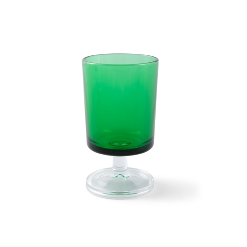 191 - A SET OF FIVE GREEN GLASSES SHORT CYLINDRICAL GLASSES,  raised on clear foot. 10.5cm high